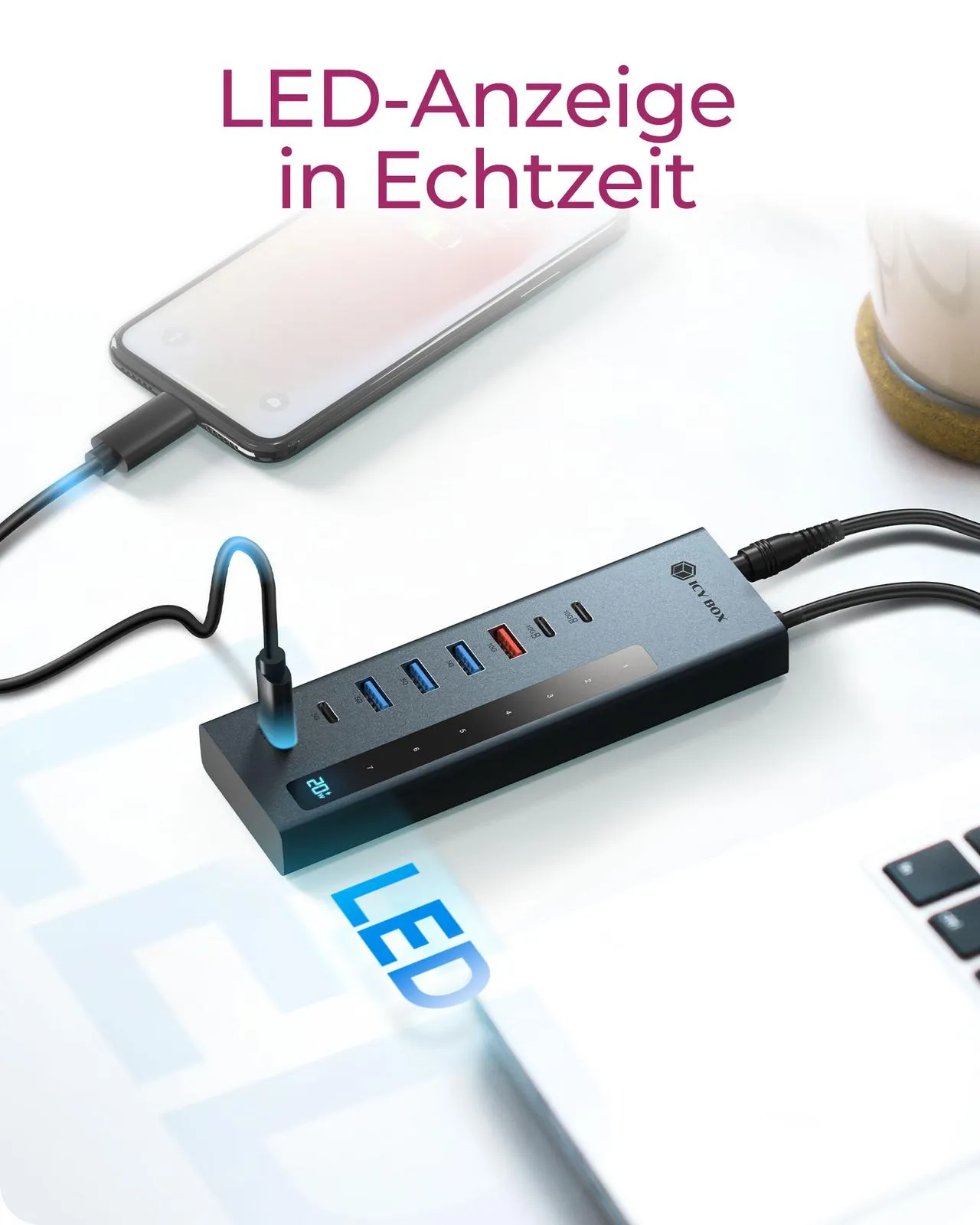 ICY BOX IB-HUB1743-CPD, 9-in-1 HUB, 7x HUB Port (3C+ 4A) mit 1x USB-C für Laden (PD 20W mit display) & 1x PD 100W (upstream to Host) USB 3.2 Gen2, 10 Gbit/s – Bild 6