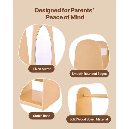VEVOR Kinderkleiderschrank 98,5x40x106 cm, Kindergarderobe mit Spiegel Kleiderstange Ablagen, Verkleidungsschrank mit 2 Stoffschubladen für Mädchen, Kinderschrank für Kostüme Schlafzimmer, Naturholz – Bild 5