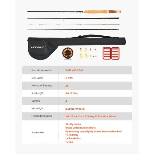 VEVOR Fliegenfischer-Kombi-Set, IM7 Carbon-Fliegenrute und -Rolle, Starter-Set mit Rutentasche & Tacklebox & 6 Kurzschwanz- und 4 Langschwanz-Fliegenhaken, ideal für Reisen und Urlaub – Bild 6