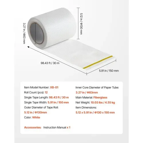 VEVOR Fugenband, 150 mm B x 30 m L, 12 Rollen, selbstklebendes Fiberglas-Trockenbau-Reparaturband, Gewebeband für Reparatur- & Spachtelarbeiten, für eine glatte, ebene Wandoberfläche – Bild 6