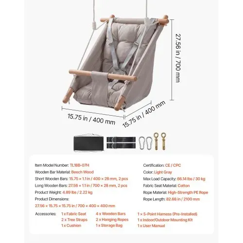 VEVOR 3-in-1 Babyschaukel Kinderschaukel 30kg Hängeschaukel aus Canvas Grau, für Indoor & Outdoor Geeignet, 5-Punkt-Gurt & Baumgurte, Hängesitz aus Holz mit Integriertem Kissen für Kleinkinder bis 3 Jahre – Bild 6