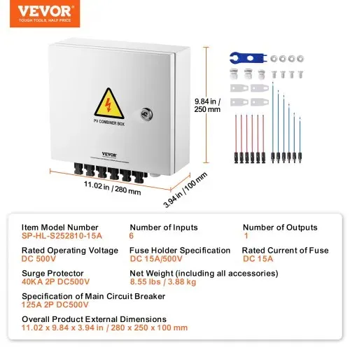 VEVOR PV-Combiner-Box, 6-String, Solar-Combiner-Box mit 15 A Nennstromsicherung, 125 A Leistungsschalter, Blitzableiter und Solaranschluss, Stahlgehäuse für On-/Off-Grid-Solarpanelsystem, IP65 – Bild 6