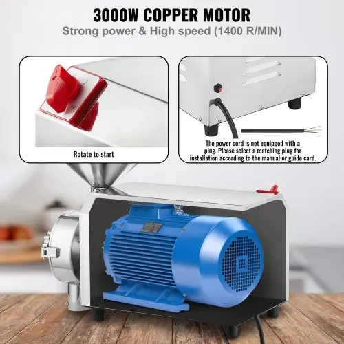 VEVOR Sojabohnenmühle kommerzielle Mahlmaschine für Gewürze 3000 W, 100 kg/h Effizienz Edelstahl-Maismühle, industrielle Mehlmühle für Pfeffer Sojabohnen Erdnüsse Maiskörner 605 x 290 x 460 mm – Bild 2