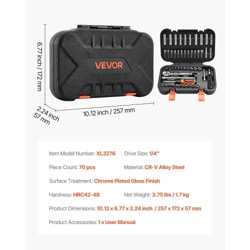 VEVOR Steckschlüsselsatz Ratschensatz 70-tlg. 6,4-mm-Antrieb, SAE und metrisch, tief und flach, Mechaniker-Werkzeugsatz mit Bits Zubehör Aufbewahrungskoffer, CR-V-Legierungsstahl, für Autoreparatur – Bild 6