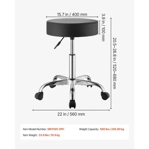 VEVOR Rollhocker 226,8 kg, Bürohocker mit PU-Rolle, Drehhocker Höhenverstellbar, Ergonomischer Sitz aus PU-Leder mit Dicker Polsterung, 360° Drehbar, für Salon, Klinik & Arztpraxis, 2er-Set – Bild 6