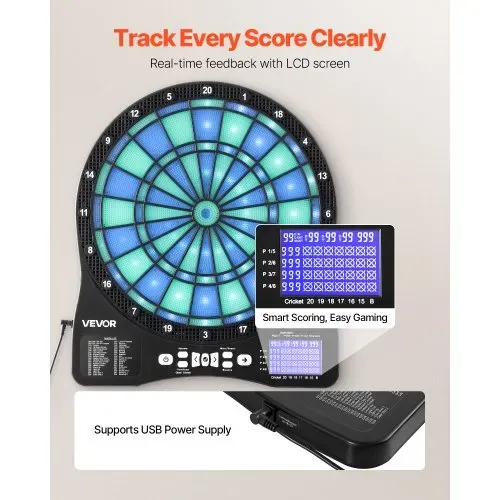 VEVOR Elektronische Dartscheibe, E-Dartboard mit LED-Beleuchtung, 48 Spielen & 500 Variationen, inkl. 6 Dartschäften mit Flights & 50 Ersatz-Pfeilspitzen, LCD mit Cricket-Punktestand, für 8 Spieler – Bild 3
