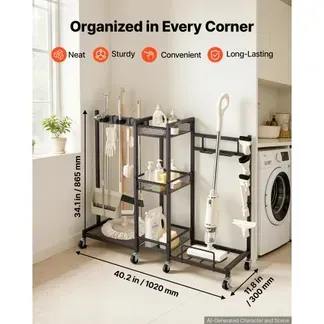VEVOR Gartengeräte Ständer 1020x300x865mm Gerätehalter mit Rollen Schwarz, Aufbewahrungsregal für Garage Schuppen Garten, Stahlkonstruktion, 3-in-1 mit 3 Ablagefächern Staubsaugerhalter & Klemmsystem VEVOR Gartengeräte Ständer 1020x300x865mm Gerätehalter mit Rollen Schwarz, Aufbewahrungsregal für Garage Schuppen Garten, Stahlkonstruktion, 3-in-1 mit 3 Ablagefächern Staubsaugerhalter & Klemmsystem