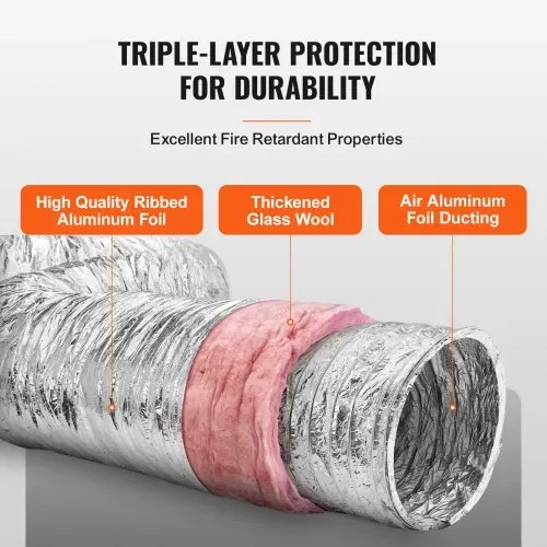 VEVOR Aluflexschlauch 7620mm lang Lüftungsschlauch Φ208mm Alu Flexrohr Luftkanal R-6 Thermischer Widerstandswert 25mm Rohrstärke Alurohr Schlauch Owens Corning-Isolierwatte Luftleitungen – Bild 2