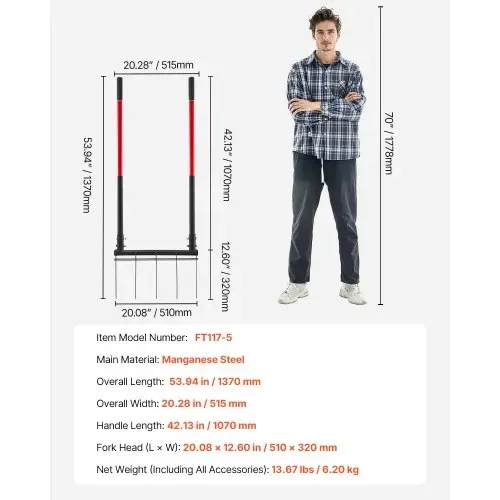 VEVOR Broadfork Doubleshaft 510x320 mm, 5-Zinken-Grabegabel mit zwei Fiberglasgriffen, robuste Spatengabel, ergonomisches U-förmiges Design, Gartengerät zum Kompostieren, Umpflanzen & Belüften – Bild 6
