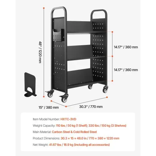 VEVOR Bücherwagen, 150 kg Tragkraft, Bibliothekswagen, 77 x 38 x 122 cm, einseitiges V-förmiges Bücherregal mit Doppelbremsrollen, Bücherregalwagen für Wohnzimmer, Büro, Schule, Schwarz – Bild 6