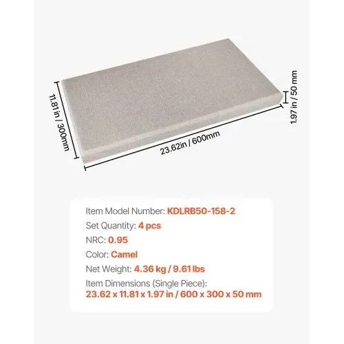 VEVOR Akustikplatten, 4 Stück, 5,1 cm dick, 60,4 x 30 cm, Fiberglas, schallabsorbierende Platten, selbstklebende, schalldichte Wandplatten, für Studios, Büros, Heimkinos, Konferenzräume, Kamel – Bild 6