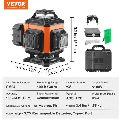 VEVOR Kreuzlinienlaser 30m Lasernivellier Selbstnivellierend Linienlaser 520nm±10nm Laserwellenlänge Baulaser ±0,28cm bei 10m Kreuzlaser ±3° Staub- & Wasserdicht inkl. Lithiumbatterie Typ-C-Leitung – Bild 6