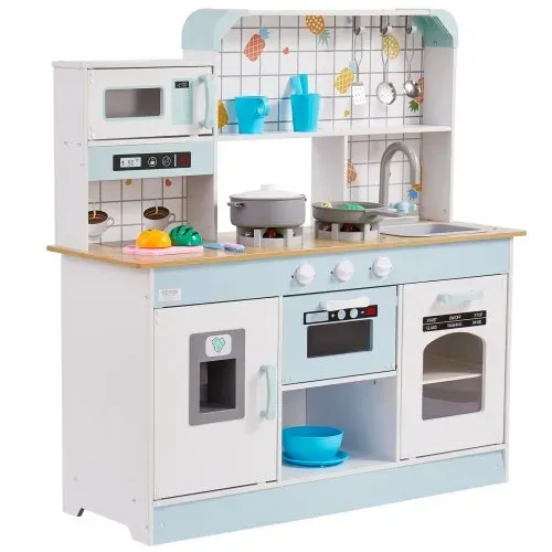 VEVOR Spielküche für Kinder, Holzspielzeug-Küchenset mit Lichtern und Geräuschen, Kleinkinderküche mit Eismaschine, Ofen, Spüle, Mikrowelle, Kühlschrank und Utensilien- und Obstzubehör für Kleinkinder im Alter von 3–8 Jahren, weiß – Bild 9