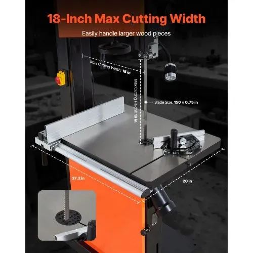 VEVOR Bandsäge, Schnittbreite 457 mm, Bandsäge mit 2240-W-Motor (3 PS), max. Schnitthöhe 406 mm, 690x510 mm Gusseisentisch, mit 360°-Arbeitsleuchte, Gehrungsanschlag, Parallelanschlag – Bild 3