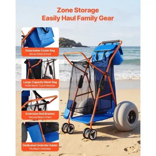 VEVOR Strandwagen mit Ballonreifen (12 Zoll), Faltbarer Strandtrolley mit Isoliertasche & Schirmhalter, Handwagen (75 kg Belastbar) für bis zu 4 Strandstühle, Strandkarre Ideal für Camping und Angeln – Bild 4