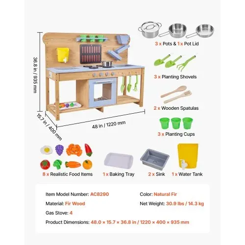 VEVOR Spielküche, Kinderküche mit Herd, Haken, Doppelspülbecken, Pflanzspaten, Pfannenwendern, Kochgeschirr & Zubehör, Spielzeugküche zum Spielen mit Wasser & Sand, Holzküche, 1220x425x930 mm – Bild 6