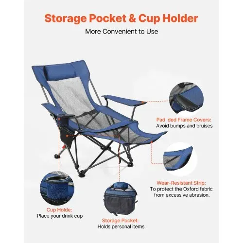 VEVOR Campingstuhl faltbar, Liegestuhl mit 4 verstellbaren Positionen, Relaxsessel Liege mit Getränkehalter, Strandstuhl mit Kopfstütze & Fußstütze, trägt 100 kg, für Outdoor Camping, blau – Bild 5