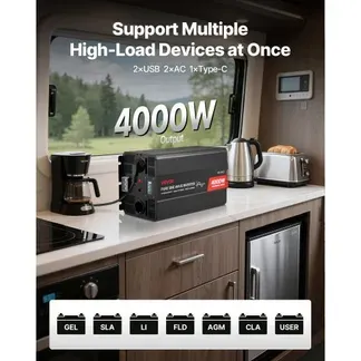 VEVOR 4000 W Wechselrichter, 12 V DC auf 230 V AC, reiner Sinus-Wechselrichter, mit LCD-Display, Fernbedienung, 2 USB-Anschlüssen, 2 AC-Steckdosen, Typ-C-Anschluss, für RV, LKW im Freien VEVOR 4000 W Wechselrichter, 12 V DC auf 230 V AC, reiner Sinus-Wechselrichter, mit LCD-Display, Fernbedienung, 2 USB-Anschlüssen, 2 AC-Steckdosen, Typ-C-Anschluss, für RV, LKW im Freien