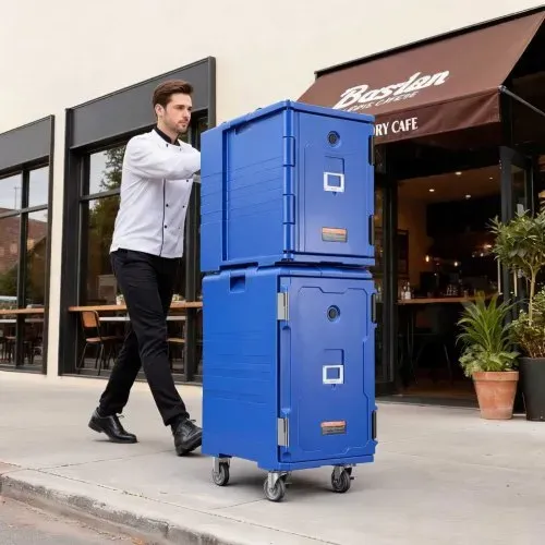 VEVOR Isolierter Speisenbehälterträger Warmhaltebox für Gastronomie 120 L, Speisenbehälter mit Doppelschnallen & Griffen, Speisenbehälterträger Lebensmitteltransportbox für Restaurant Kantine blau – Bild 7