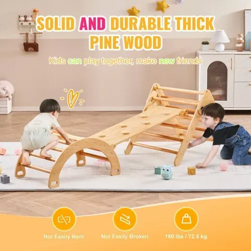 VEVOR Pikler-Dreieck-Set, 5-in-1-Kletterspielzeug für Kleinkinder, Indoor-Spielplatz, Montessori-Kletterset mit Dreieck, Rampe und Bogen, großes Klettergerüst aus Holz für Kleinkinder von 1–3 Jahren, Holzfarbe – Bild 2