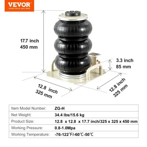 VEVOR Pneumatischer Wagenheber Air Jack 3 t, Weiß Dreifachbeutel Luftheber 140-450 mm Hubhöhe Sack Luftwagenheber, 5 Minuten Hub Luftheber Wagenheberheber Wagenheber für SUV, Lkw, Bus usw. – Bild 6