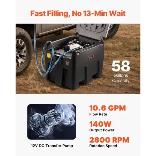 VEVOR Tragbarer Dieseltank, 220 L Fassungsvermögen & 48L/min Durchflussrate, Gaskraftstofftank mit 12 V Transferpumpe & 4 m Gummischlauch, PE-Diesel-Transfertanks für Kraftstofftransport, Schwarz – Bild 2