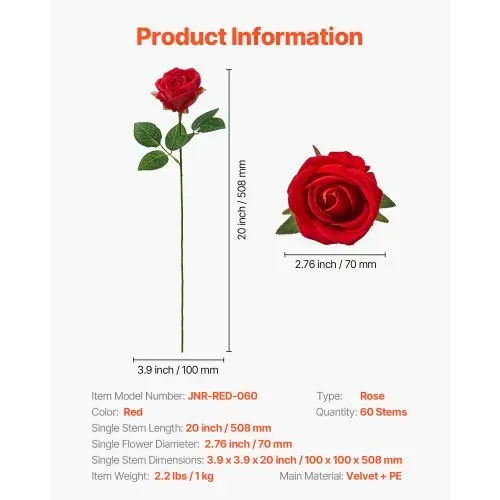 VEVOR Künstliche Blumen Rosen, 60 Stück Kunstblumen, Rote Gefälschte Rose mit Stielen, Schaumrosen für DIY Hochzeit Blumensträuße Braut Valentinstag Muttertag Zuhause Dekoration – Bild 6