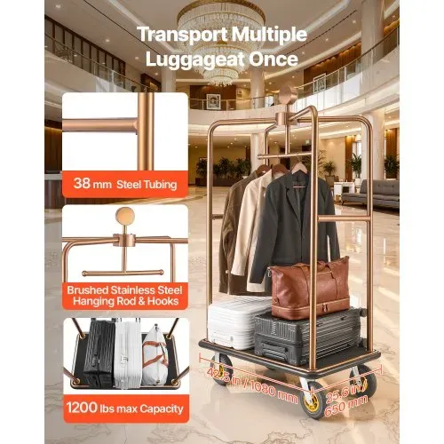 VEVOR Hotelgepäckwagen aus Edelstahl, 544,31 kg Belastbarer Kofferwagen mit 8 Zoll Gummirädern, Hotelwagen mit Schwarzem Teppichboden & Garderobenstange, Gepäckwagen für Hotels Resorts, Roségold VEVOR Hotelgepäckwagen aus Edelstahl, 544,31 kg Belastbarer Kofferwagen mit 8 Zoll Gummirädern, Hotelwagen mit Schwarzem Teppichboden & Garderobenstange, Gepäckwagen für Hotels Resorts, Roségold
