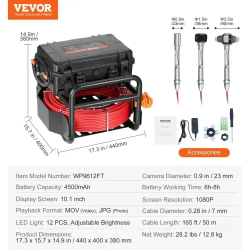VEVOR Kanalkamera 50m Rohrkamera Rohrinspektionskamera mit 25,7cm Touchscreen – Bild 6