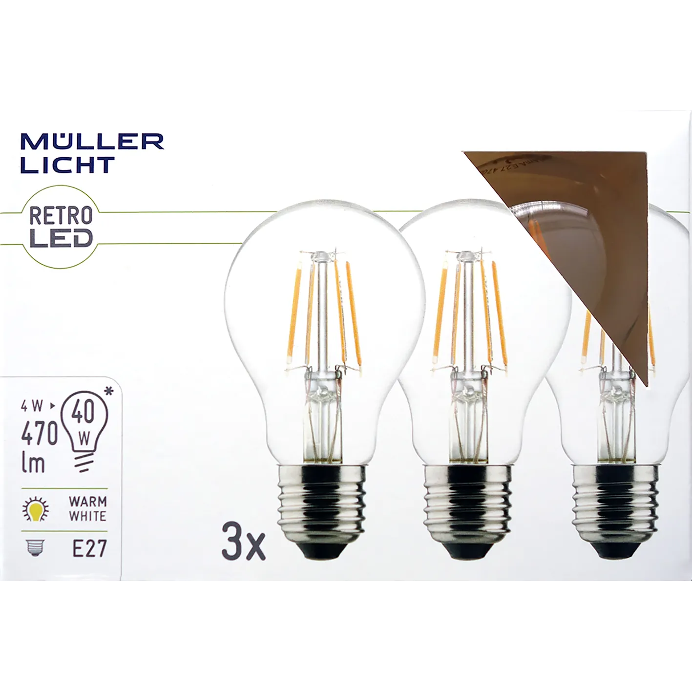 LED Filament Glühlampe, E27, 4W, 470lm, 2700K, warmweiß, 3er Set LED Filament Glühlampe, E27, 4W, 470lm, 2700K, warmweiß, 3er Set