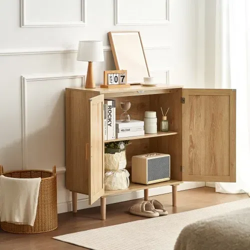 VEVOR Rattanschrank Rattankommode Aufbewahrungsschrank mit 2 magnetischen Türen & verstellbaren Regalen & Griffen, Sideboard-Buffetschrank für Flur Eingangsbereich Wohnzimmer Küche Flur – Bild 7