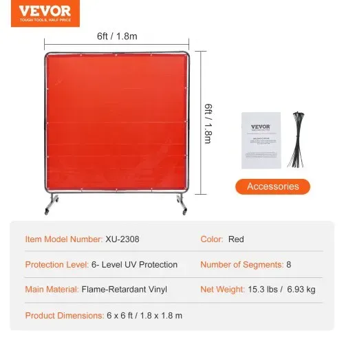 VEVOR Schweißvorhang 1,8 x 1,8 m Schweißschutzvorhang aus Flammhemmendem Vinyl Schweißschutzwand mit 4 Schwenkrädern und einem 6-stufigen UV-Schutz Schweißerdecke Schweißschutz Rot – Bild 6