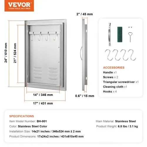 VEVOR Grill-Zugangstür, 610 x 431 mm, Einzelne Außenküchentür, Flächenbündig Montierte Edelstahltür, Vertikale Wandtür mit Griff, Lüftungsschlitzen und Haken, für Grillinsel, Grillstation – Bild 6
