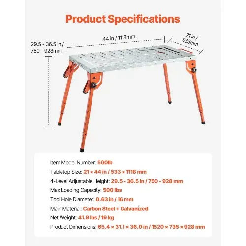 VEVOR Faltbarer Schweißtisch 533x1118mm, 226 kg Tragkraft, Werktisch mit 4-stufiger Höhenverstellung, Werkbank mit 6 Werkzeugschlitzen und 16mm Befestigungslöchern für Reparatur von Schweißbaugruppen – Bild 6
