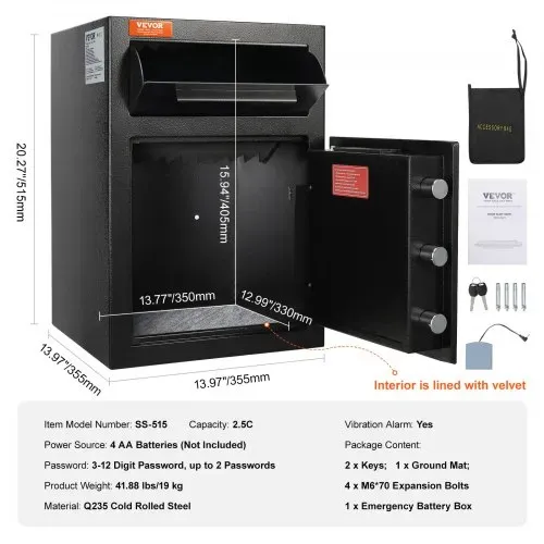 VEVOR 2,5 L Einwurftresor, Deposittresor mit Drop-Slot, elektronischem Codeschloss und 2 Notfallschlüsseln, 355 x 355 x 515 mm, Business Drop Slot Safe für Bargeld, zu Hause, Hotel, Büro usw. – Bild 6