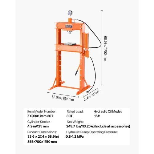 VEVOR hydraulische pneumatische Werkstattpresse 20 t (H-Rahmen) mit Pressplatte & Dreieckstütze, auf den Garagenboden einstellbare Hydraulikpresse mit Überdruckventil, geeignet zum Biegen & Richten – Bild 6