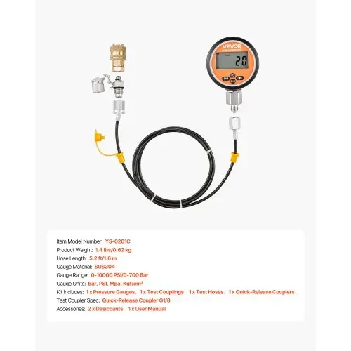 VEVOR digitales Hydraulikdruck Testkupplungsset, 10000 PSI Druckmessgerät Manometer Tester mit 1 Manometer & 1 Testkupplung & 1 Schnellkupplung & 1 Schlauch für Bagger Baumaschinen – Bild 6