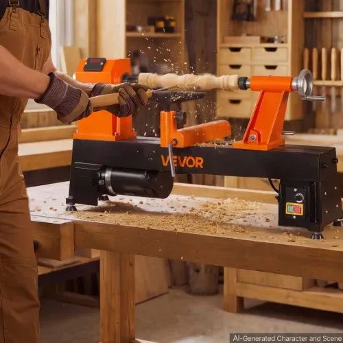 VEVOR Drechselbank 355 x 508 mm 750 W 1 PS Holzdrehmaschine 150-3500 U/min für Tischbeine und Spazierstöcke, Robuster Gusseisenrahmen, Überstromschutz, Erhöhungsblock und Zubehör für Holzarbeiten – Bild 7