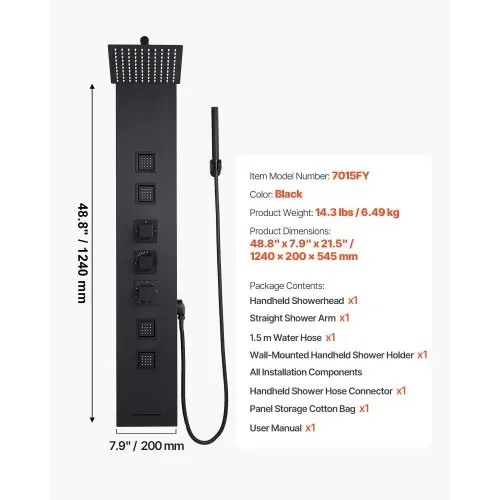 VEVOR Duschpaneel-Turmsystem (4 in 1) mit Regenwasserfall-Duschkopf, (124 cm) Duschsäule aus gebürstetem Edelstahl, Regenmassagesystem zur Wandmontage, mit Handbrause & 4 kleiner Massagedüsen – Bild 6