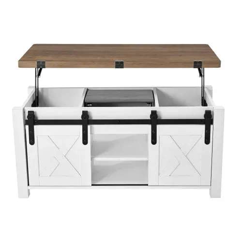 VEVOR Lift Top Couchtisch 100 cm, rustikaler Kaffeetisch mit Scheunentor & verstecktem Staufach, rechteckige Hubtischplatte für Wohnzimmer Büro Zuhause, Wohnzimmertisch Sofatisch Braun + Weiß – Bild 8