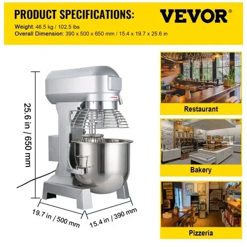 VEVOR Teigknetmaschine Küchenmaschine, 15 Qt Edelstahl Teigmixer, 600 W, einstellbar (130/233/414 U/min), inkl. Edelstahlschüssel, Knethaken, Schneebesen, Rührbesen, ideal für Bäckereien, Restaurants – Bild 6