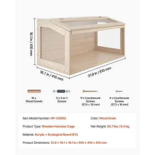 VEVOR Hamsterkäfig Nagerkäfig Nagarium Hamstergehege Holz 810x410x410mm, 270°-Sichtfenster Nagersicher mit Deckel Belüftung für Goldhamster Zwerghamster Meerschweinchen Rennmäuse – Bild 6