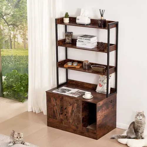 VEVOR Katzentoilettengehäuse, verstecktes Katzentoilettenmöbel mit 3 Ablageflächen, Katzentoilette aus Holz für den Innenbereich, großes Katzenhaus-Schrank, versteckt, passend für die meisten Katzentoiletten, 85,1 cm L x 49,9 cm B x 148,9 cm H, Dunkelbraun – Bild 7