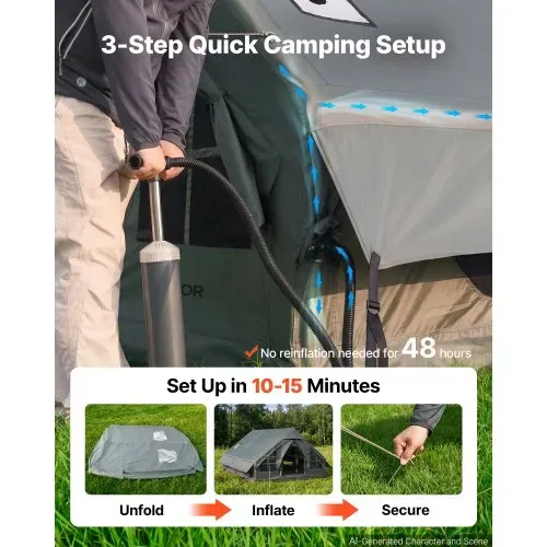VEVOR Aufblasbares Campingzelt Familienzelt Luftzelt 5-8 Personen Grün, für Outdoor-Aktivität Wasserabweisendes 420D Oxford-Gewebe mit Dachfenster Ofenrohrdurchführung Netzfenster & Tragetasche – Bild 2