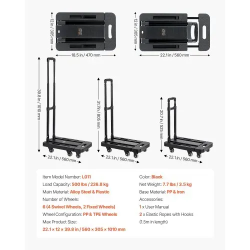VEVOR Sackkarre klappbar, 227 kg Tragkraft, Transportkarre mit 6 Rädern, 2 elastischen Seilen & erweiterbarer Basis, Transportwagen für Flughafen, Reisegepäck, Büroumzüge, Schwarz, 560x305x1010 mm – Bild 6