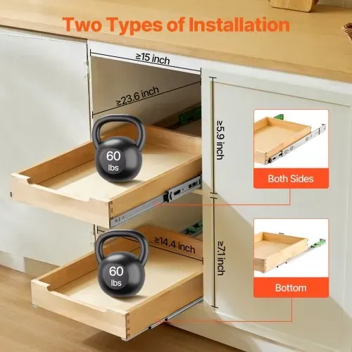 VEVOR Ausziehbarer Schrank-Organizer Schrankschublade Regal (356 x 533 x 76 mm) mit sanftem Schließmechanismus, Holz-Schiebeschublade Unter- und Seitenmontage, für Küche Speisekammer Badezimmer – Bild 4