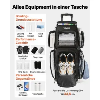 VEVOR Bowlingballtasche für 3 Bälle mit Doppelrollen & separatem Fach für Schuhe (bis US-Größe 16) & übergroßer Zubehörtasche, einziehbarer Griff lässt sich auf 105 cm ausziehen Schwarz VEVOR Bowlingballtasche für 3 Bälle mit Doppelrollen & separatem Fach für Schuhe (bis US-Größe 16) & übergroßer Zubehörtasche, einziehbarer Griff lässt sich auf 105 cm ausziehen Schwarz