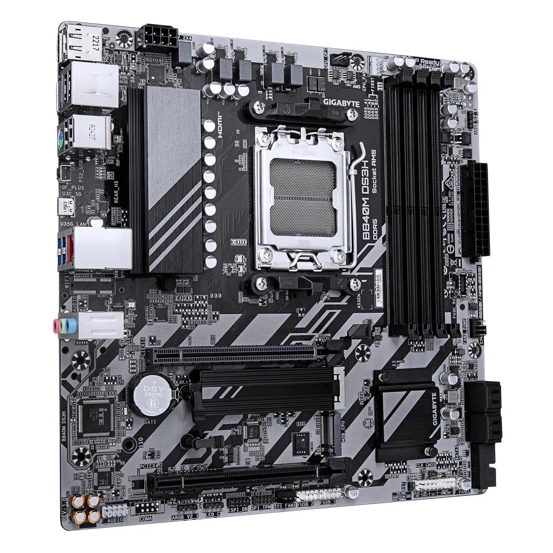 GIGABYTE B840M DS3H Mainboard – AMD Ryzen 9000 CPUs, 8+2+2 Phasen VRM, bis zu 8200 MHz DDR5, 2xPCIe 4.0 M.2, 2.5GbE LAN, USB 3.2 Gen 1 – Bild 3