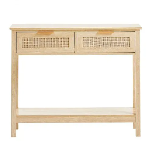 VEVOR Rattan-Konsolentisch mit 2 Schubladen, Rattan-Eingangstisch mit natürlicher Rattan-Schiebetür, Konsolen-Sofatisch für Wohnzimmer, Arbeitszimmer, Eingangsbereich oder Fernsehwand, Natur – Bild 8