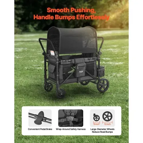 VEVOR Kinderwagen für 4 Kinder, Push-Pull-Reisebuggy mit verstellbarem Griff, Sicherheitsgurt und abnehmbarem Verdeck, 4-Sitzer-Bollerwagen für Camping, Dunkelgrau und Schwarz (150 kg Tragkraft) – Bild 3